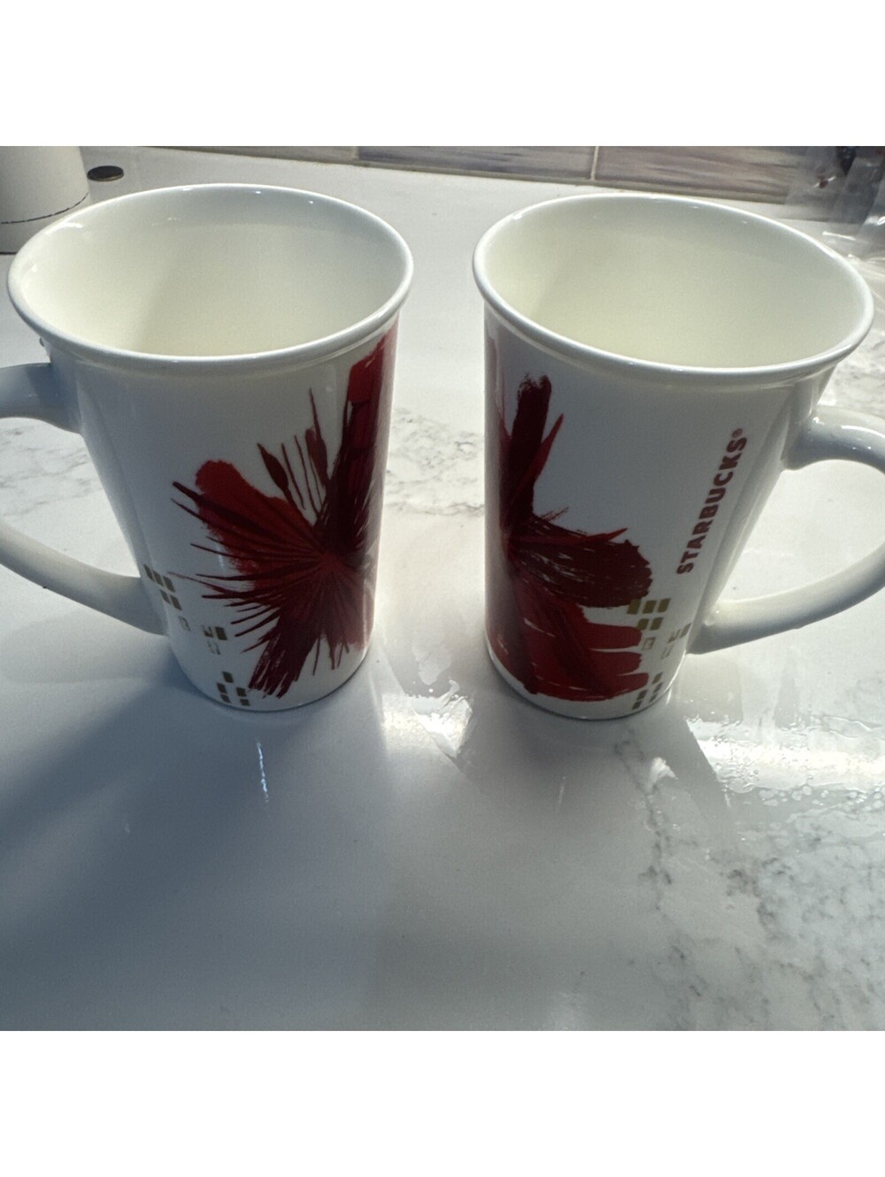 Pair Of Starbucks 2014 Red / Gold Abstract Art 12 oz Ceramic Coffee Mug